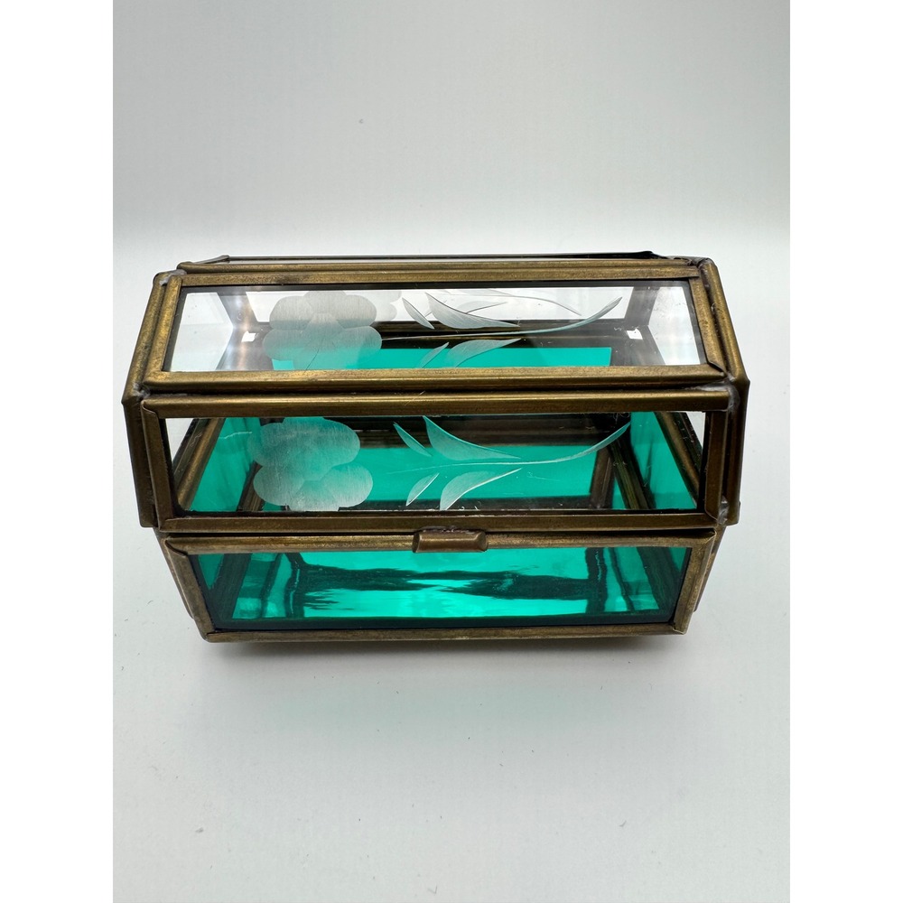 Via Vermont Teal Green Etched Glass Brass Jewelry Box Handcrafted Vintage Style
